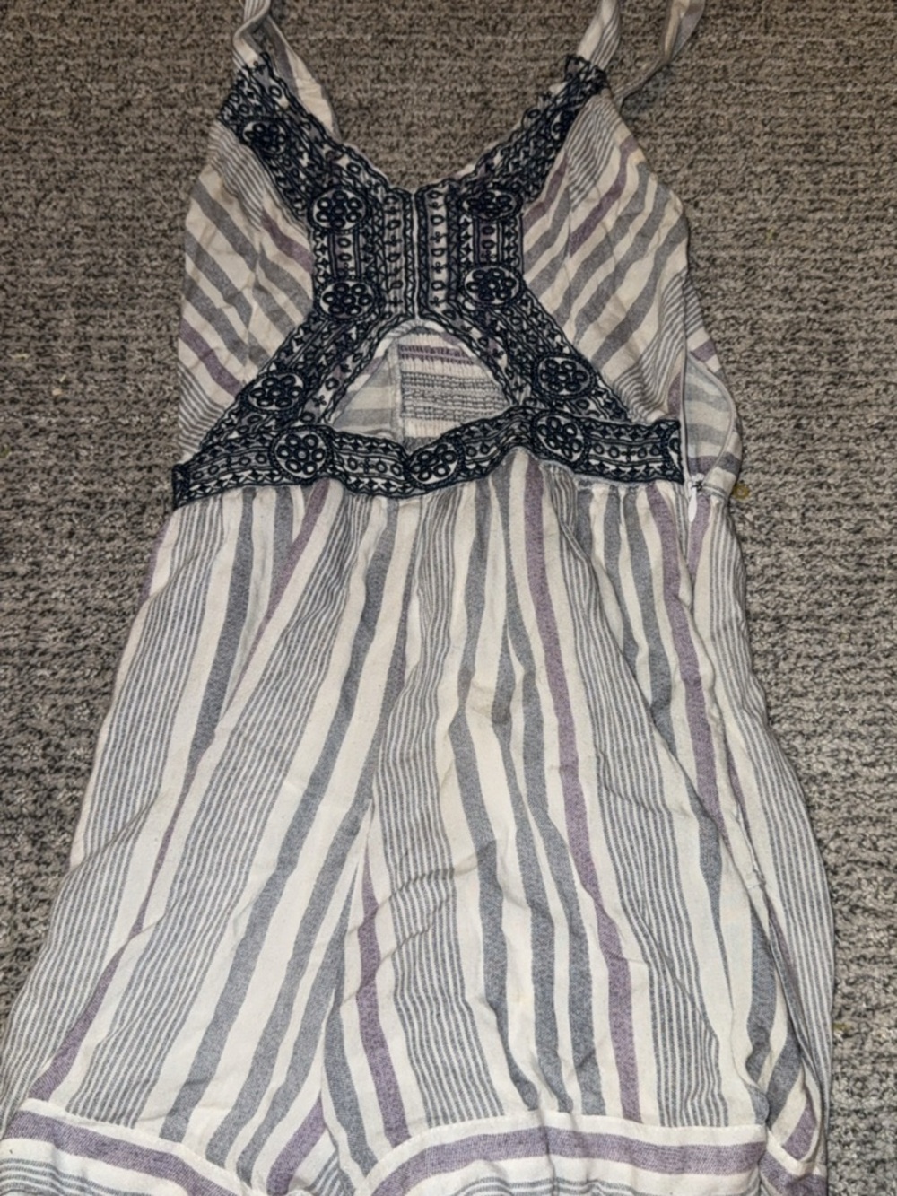 Striped White and Gray Summer Romper with Navy Trim